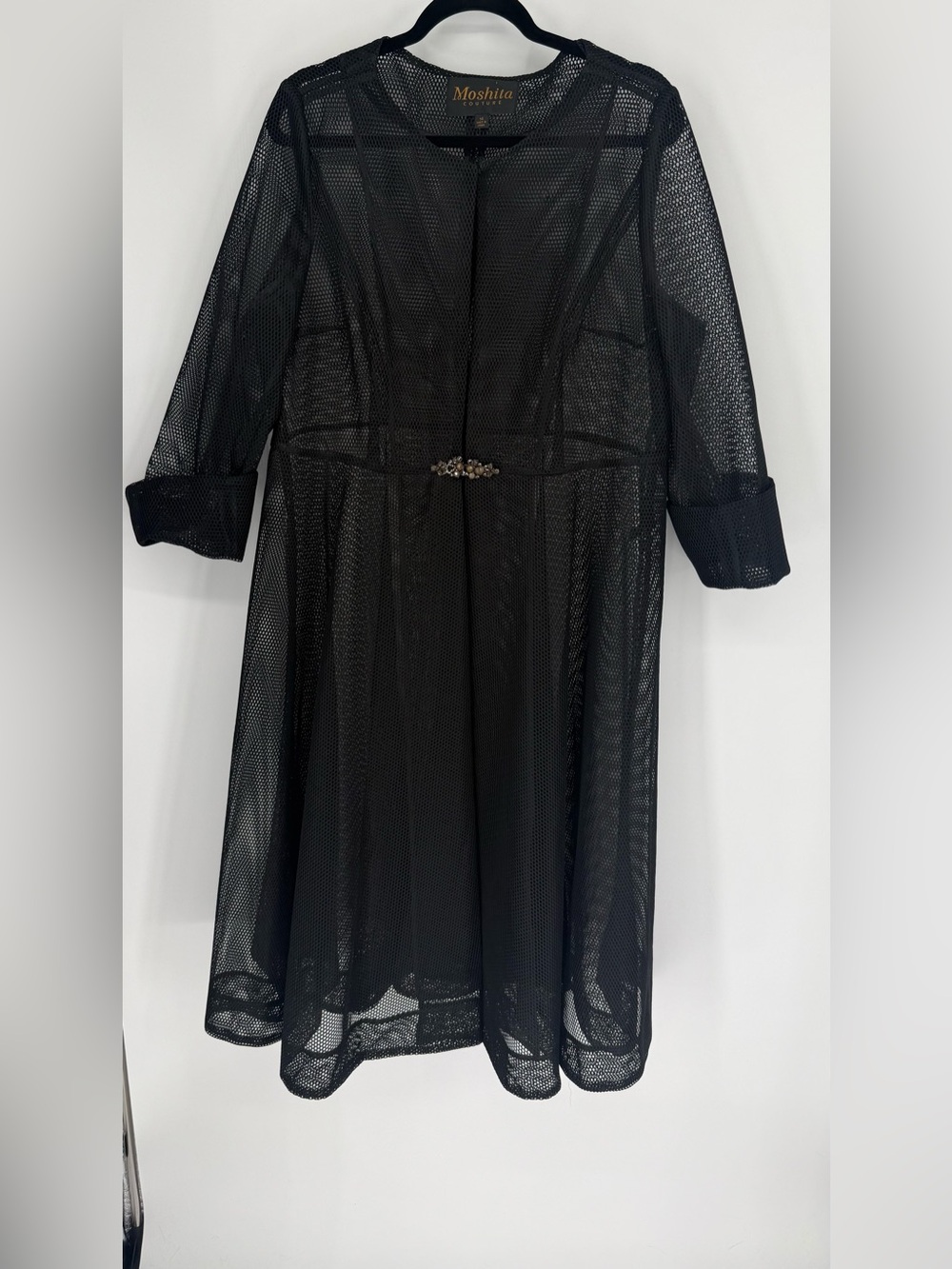 Moshita Couture Black Mesh Long Duster Jacket with Jeweled Clasp Size 14